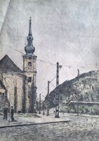 Scultéty Éva: Tabán - színezett rézkarc, Budapest