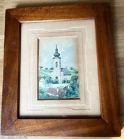 Régi kis akvarell, templom, tájkép festmény