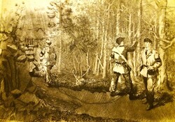 SZÁSZ ENDRE (1926 - 2003) alkotása : ERDEI UTAKON - Partizánok rézkarc képek szerint A/3 méret