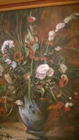 Remek Mezei virág-csendélet kerettel,nagyméretű, kerettel festmény m 93x109 cm+ 8,5 cm keret