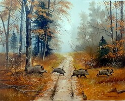 Dabronaki Vaddisznók ősszel 40x50 cm olaj-vászon festmény