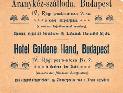 Reklám cédula: Aranykéz-szálloda Budapest.