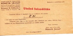 Nyomtatvány: Németh József, Budapest.