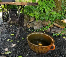 Ritka antik főzőedény, égetett agyagedény, drótozott, füles