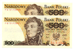 Lengyelország 500 Zloty Bankjegy 1982 P145d L161b sorkövető pár
