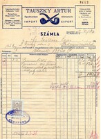 Régi számla: Tauszky Artur dohánycikkek, Budapest.