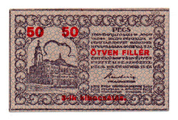 Pécs város Házipénztár 50 Fillér pénztárjegy 1919 3. kiadás