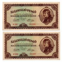 100 Millió Pengő Bankjegy 1946 EF sorszámkövető pár