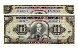 Ecuador 100 Sucres Bankjegy 1990 P123 VX sorszámkövető pár