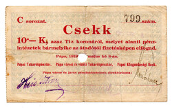 Pápa 10 Korona Csekk 1919 C sorozat