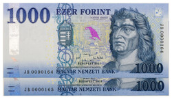 1000 Forint Bankjegy 2021 JB UNC alacsony sorszámkövető pár