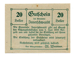 Ausztria Notgeld Innerschwandt 20 Heller 1920 nyomdahibás