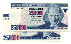 Törökország 250000 Líra Bankjegy 1998 P211 sorszámkövető pár