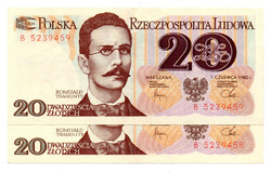 Lengyelország 20 Zloty Bankjegy 1982 P149a L157aa sorkövető pár