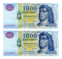 1000 Forint Bankjegy Millennium 2000 DA gEF sorszámkövető pár