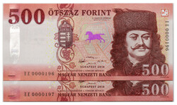 500 Forint Bankjegy 2018 EE UNC alacsony sorszámkövető pár