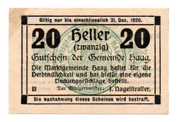 Ausztria Notgeld Haag 20 Heller 1919