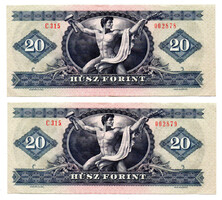 20 Forint Bankjegy 1980 aEF-EF alacsonyabb sorszámkövető pár
