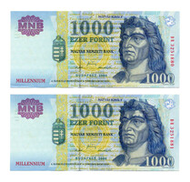1000 Forint Bankjegy Millennium 2000 DB aEF sorszámkövető pár