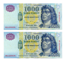 1000 Forint Bankjegy Millennium 2000 DB gEF sorszámkövető pár