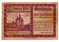 Ausztria Notgeld Mariazell 20 Heller 1920 Josef Rohrbacher