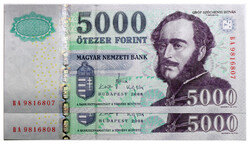 5000 Forint Bankjegy 2008 BA széria sorszámkövető pár
