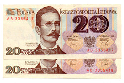 Lengyelország 20 Zloty Bankjegy 1982 P149b L157bb sorkövető pár