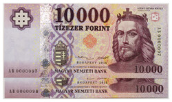 10000 Forint Bankjegy 2015 AB alacsony sorszámkövető pár