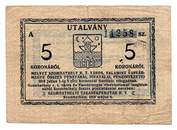 Szombathely 5 Korona Pénztári utalvány 1919