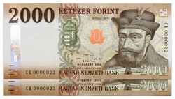 2000 Forint Bankjegy 2020 CK UNC nagyon alacsony sorkövető pár