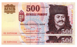 500 Forint Bankjegy 2001 EC UNC sorszámkövető pár