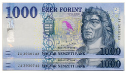1000 Forint Bankjegy 2021 JA aUNC forgalmi sorszámkövető pár