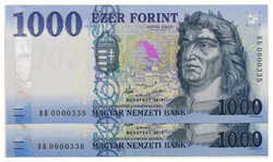 1000 Forint Bankjegy 2018 DB UNC alacsony sorszámkövető pár