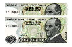 Törökország 10 Lira Bankjegy 1982 P193b sorszámkövető pár