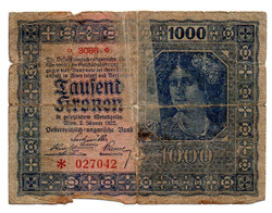 Ausztria 1000 Korona Bankjegy 1922 sorozatszám 3000 felett