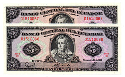 Ecuador 5 Sucres Bankjegy 1988 P113d3 sorszámkövető pár