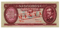100 Forint Bankjegy 1957 MINTA lyukasztás és bélyegzés B363