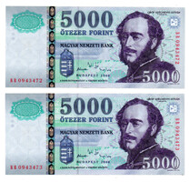 5000 Forint Bankjegy 2006 BB UNC sorszámkövető pár