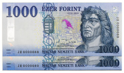 1000 Forint Bankjegy 2021 JH UNC alacsony sorszámkövető pár