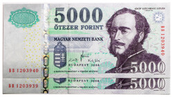 5000 Forint Bankjegy 2008 BB széria sorszámkövető pár