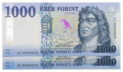 1000 Forint Bankjegy 2021 JE UNC alacsony sorszámkövető pár