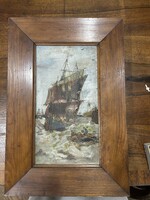 Antik hangulatos hajós témájú olajfestmény