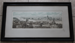 Blahos Rudolf színezett rézkarc - "Pesti panoráma" (Budapest)