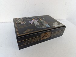 Antik kínai ékszer tartó zsírkő berakásos dekoratív fa doboz gésa motívum 947 3069