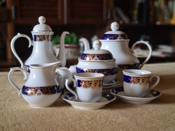 Vintage stílusú kék arany bordűr mintás 5 személyes holló porcelán kávés készlet