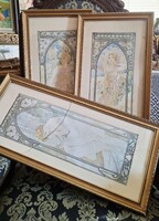 Alfons Mucha szecessziós képek  3 db  eredeti nyomatok reprodukciója! keretben, üveglap mögött.