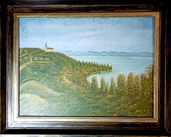 Bognár Sándor (?-?) magyar festő. Tihanyi panoráma. Olaj/karton, 30x40cm plusz keret! Jelzett