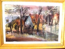 SZITÁS ERZSÉBET AKVARELL  - FALUSI HÁZAK, JELZETT