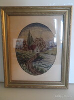 GOBELIN - ALKUKÉPES - KÉP - 37 x 30 cm - HÍMZÉS 24 x 19 cm - ARANYOZOTT KERET