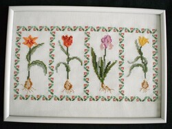 Hímzett kép hagymás virágok , liliom , tulipán , írisz , nárcisz keresztszemes hímzés Irene Espinar
